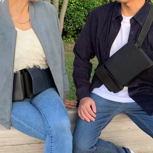 ナイロン × 牛革ボディ&ヒップバッグ(ブルー&ブラック)